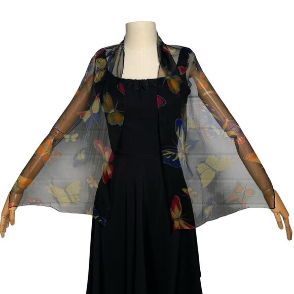 Vintage Butterfly Print Black Silk Chiffon Scarf - Picture 2 of 6